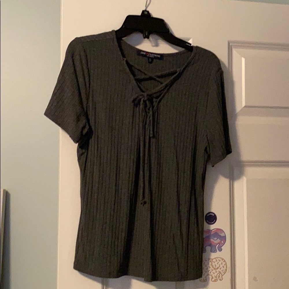 Ribbed Gray T-shirt with Lace Up neck detail